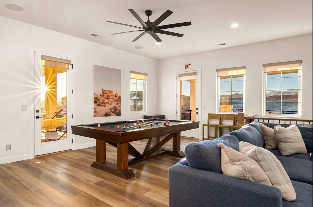 Lounge area with desert views and sunset light